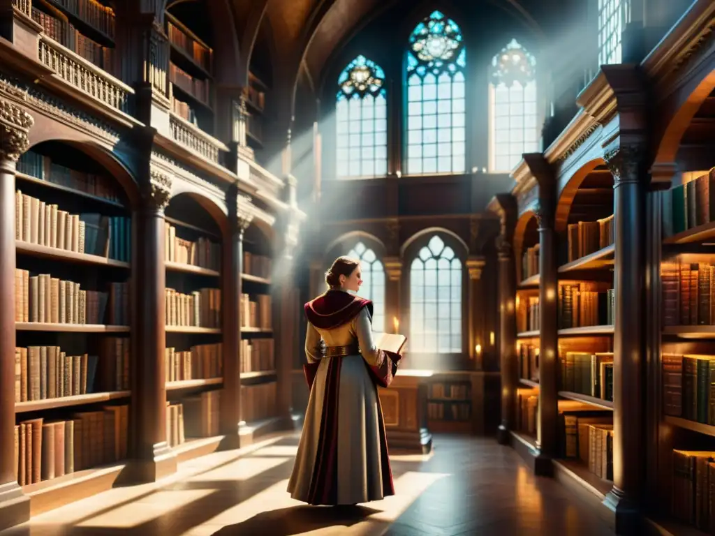 Una antigua biblioteca llena de sabiduría, iluminada por la luz del sol