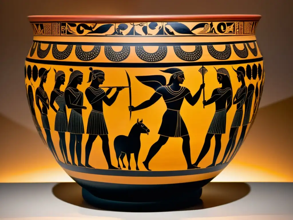 Antigua cerámica griega con escenas mitológicas detalladas, iluminada suavemente en una galería