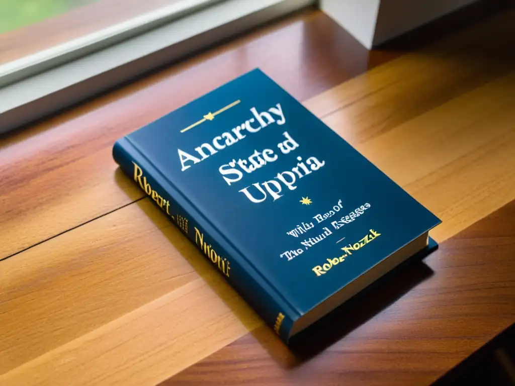 Una antigua copia de 'Anarchy, State, and Utopia' de Robert Nozick descansa en un escritorio, mostrando signos de uso y reflexión profunda