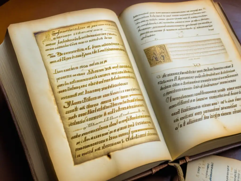 Una antigua copia de 'La República' de Platón, con páginas amarillentas, iluminada por una cálida luz, revela ilustraciones detalladas y anotaciones