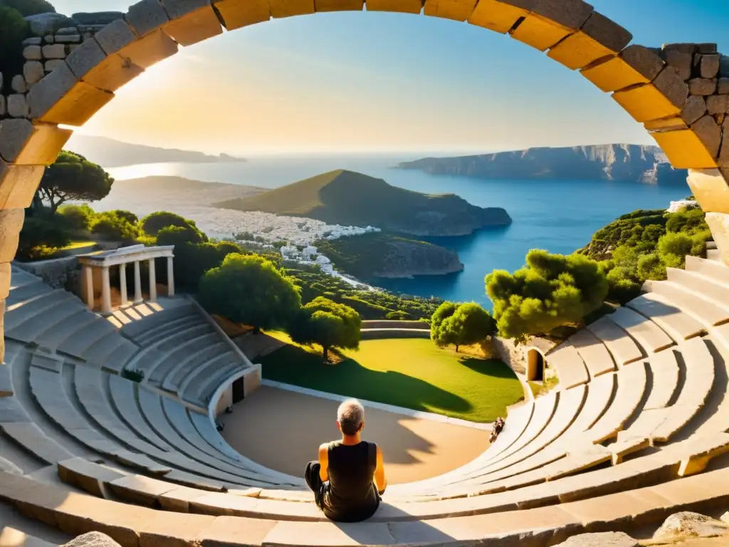 Una antigua escena de un anfiteatro griego con luz dorada, sombras dramáticas, vegetación exuberante y una figura reflexiva, evocando la Ética Nicomaquea de Aristóteles y la búsqueda de la excelencia humana