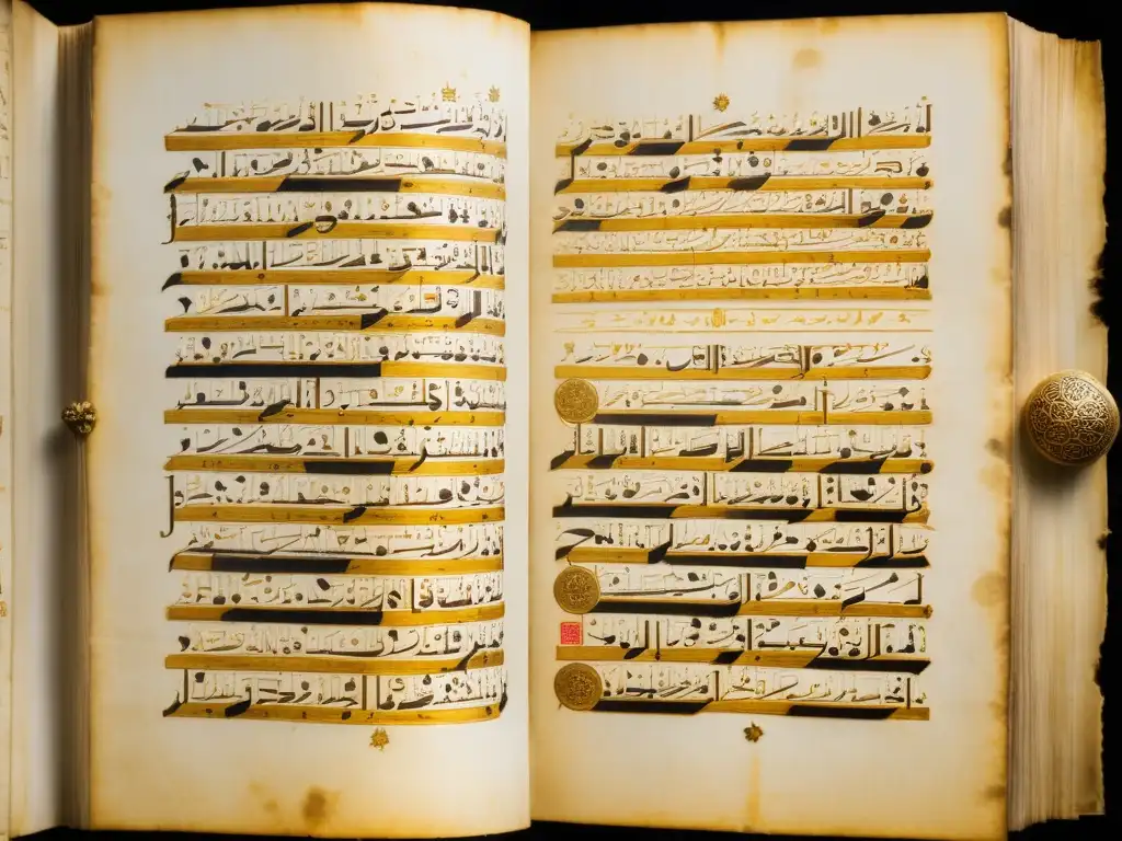 Antigua escritura árabe con filosofía del lenguaje en el Islam, caligrafía detallada en pergamino envejecido y delicado