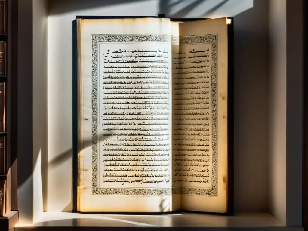 Una antigua escritura islámica iluminada por la suave luz de una biblioteca tenue, evocando una atmósfera contemplativa y académica