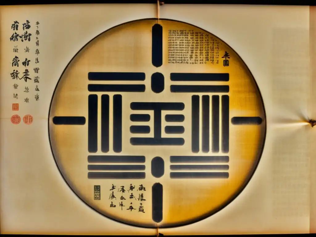 Una antigua escritura del I Ching en pergamino amarillento, iluminada por suave luz natural