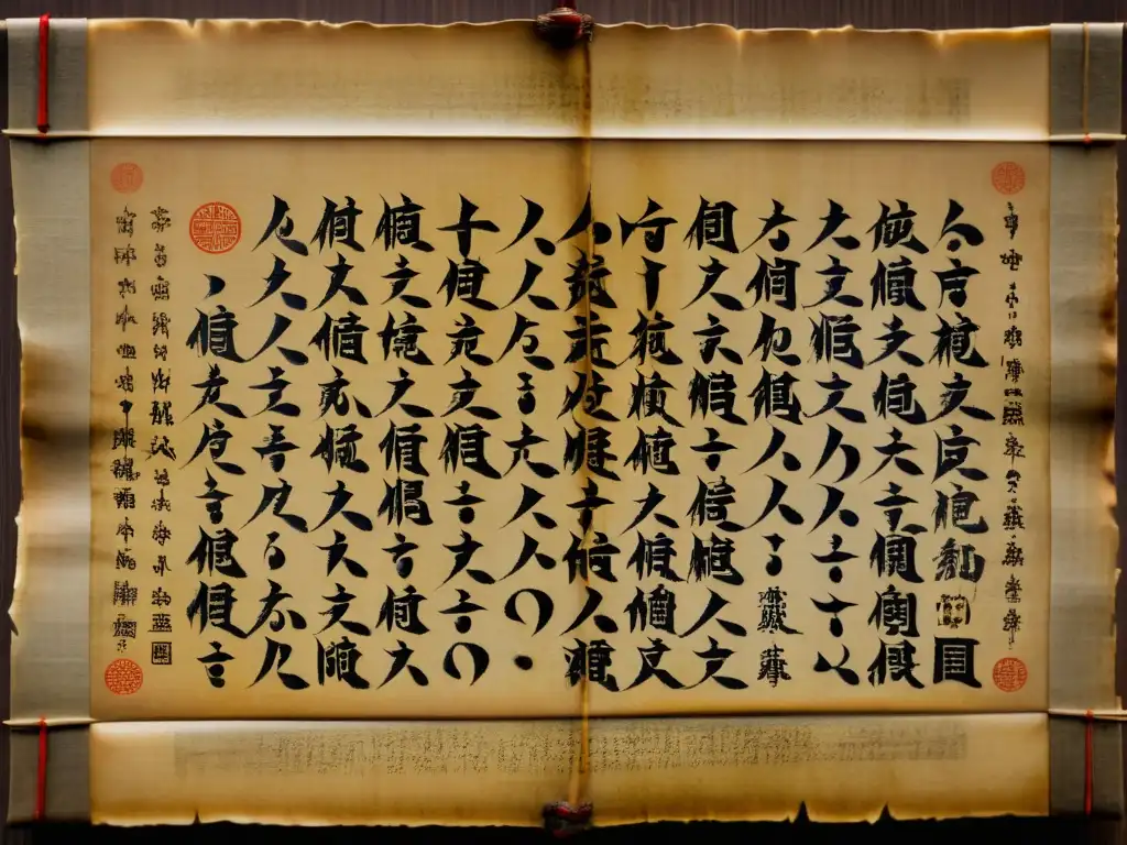 Antigua escritura taoísta en pergamino envejecido, con caracteres que parecen brillar suavemente