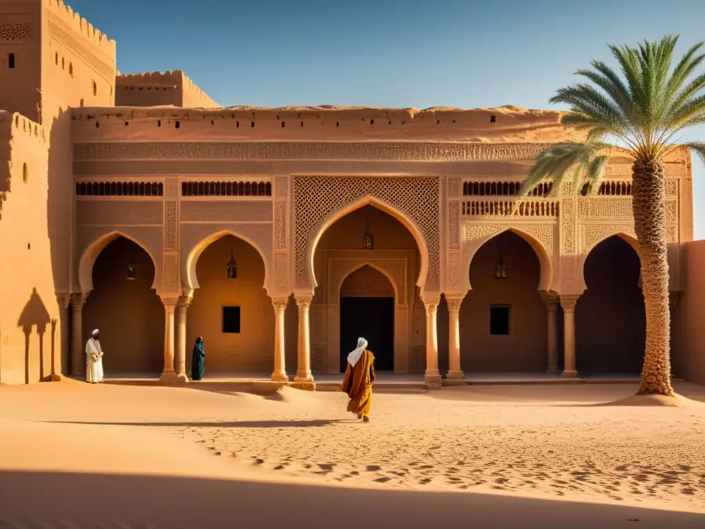 Antigua escuela filosófica esotérica del Magreb en el desierto, con eruditos bajo una palmera y misterioso resplandor