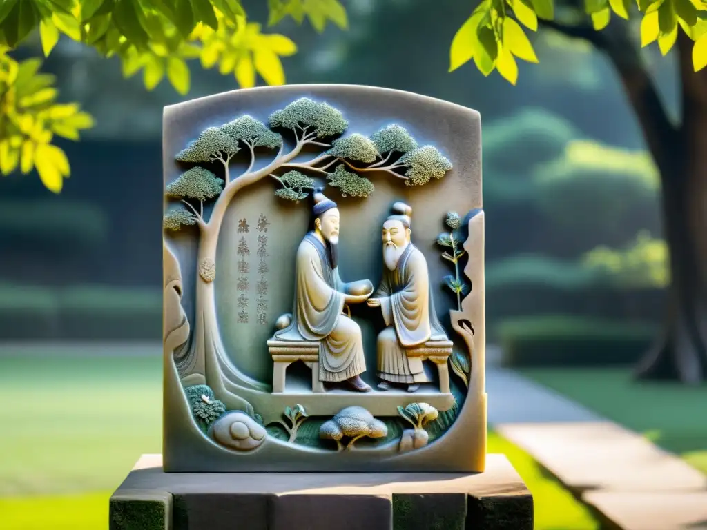 Antigua escultura de Confucio compartiendo sabiduría en jardín tranquilo, aplicando estrategias confucianas liderazgo