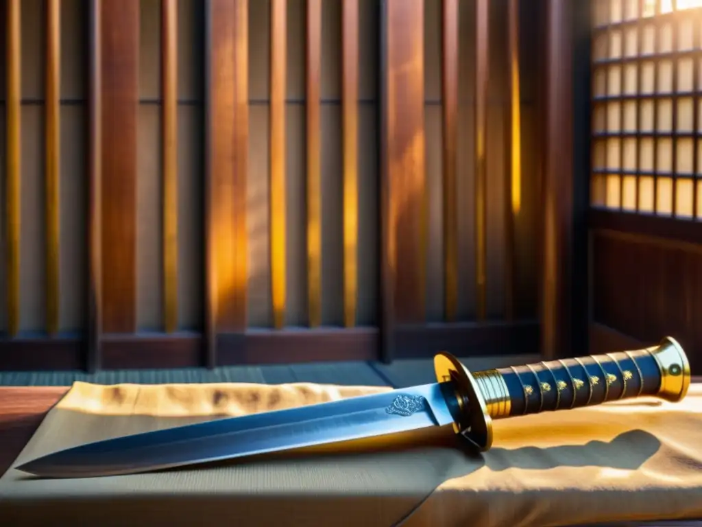Una antigua espada samurái descansa sobre un soporte de madera, iluminada por la cálida luz del sol a través de una pantalla shoji