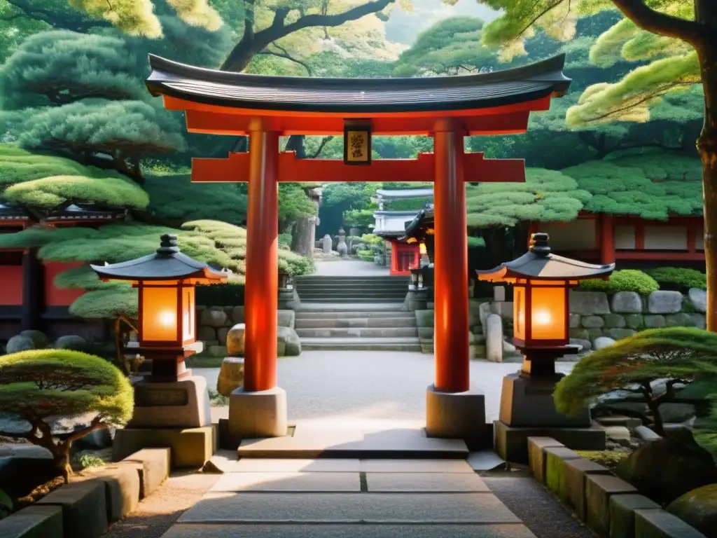 Antigua Vía Espiritual de Japón: Torii de madera ornamental en un santuario Shinto, rodeado de naturaleza exuberante y faroles de piedra