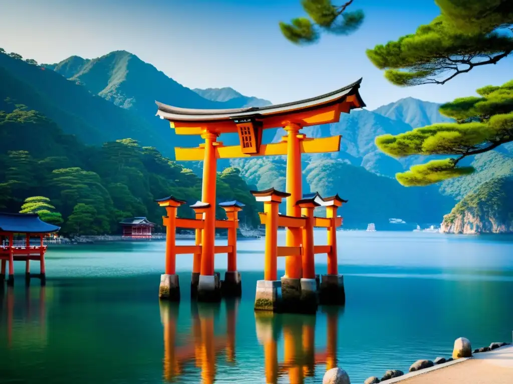 La antigua Vía Espiritual de Japón: el icónico torii del santuario Itsukushima emerge en las serenas aguas de Miyajima, creando una escena cautivadora