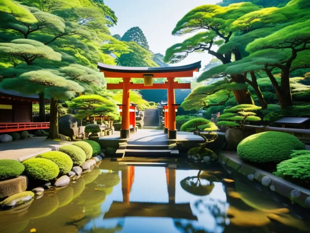 Una antigua vía espiritual de Japón: un sereno santuario Shinto rodeado de exuberante vegetación, con un torii tradicional y un arroyo cercano