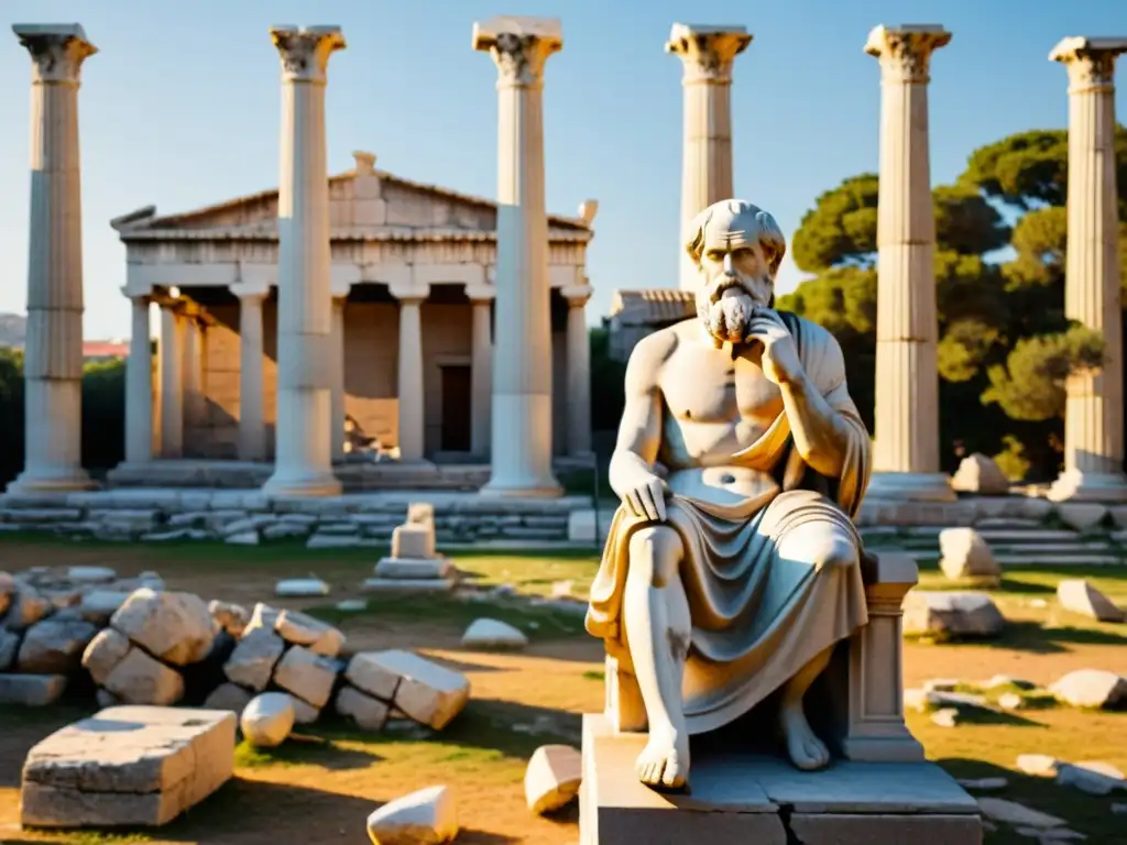 La antigua estatua de Sócrates, con una expresión contemplativa, se alza entre las ruinas de un antiguo ágora griego