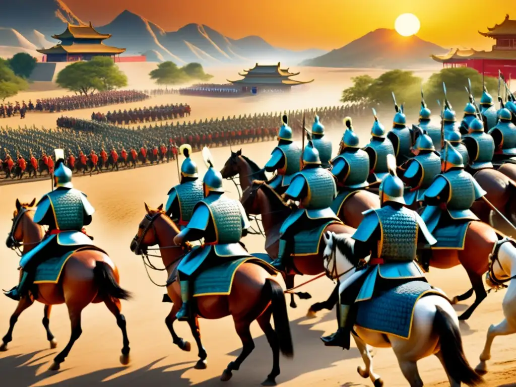 Antigua estrategia militar china en un campo de batalla soleado, ilustrando la Filosofía del liderazgo en crisis con guerreros y tácticas de Sun Tzu