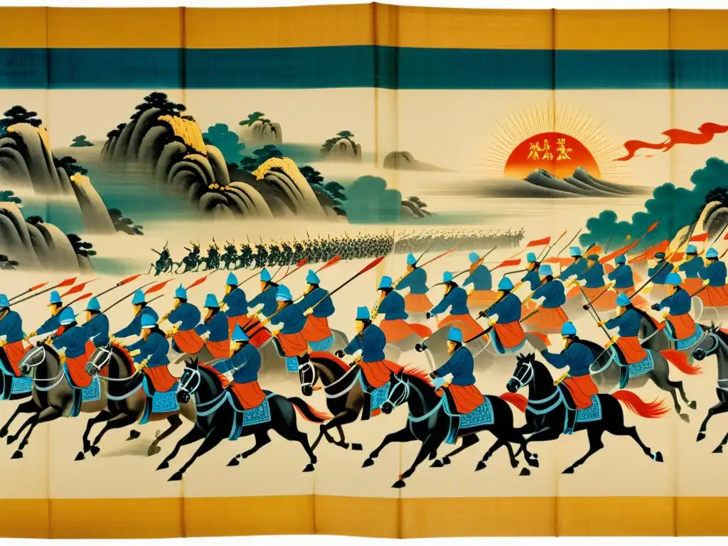 Antigua filosofía del liderazgo en crisis: detallado pergamino chino con estrategias de Sun Tzu, escena de batalla y llamigrafía