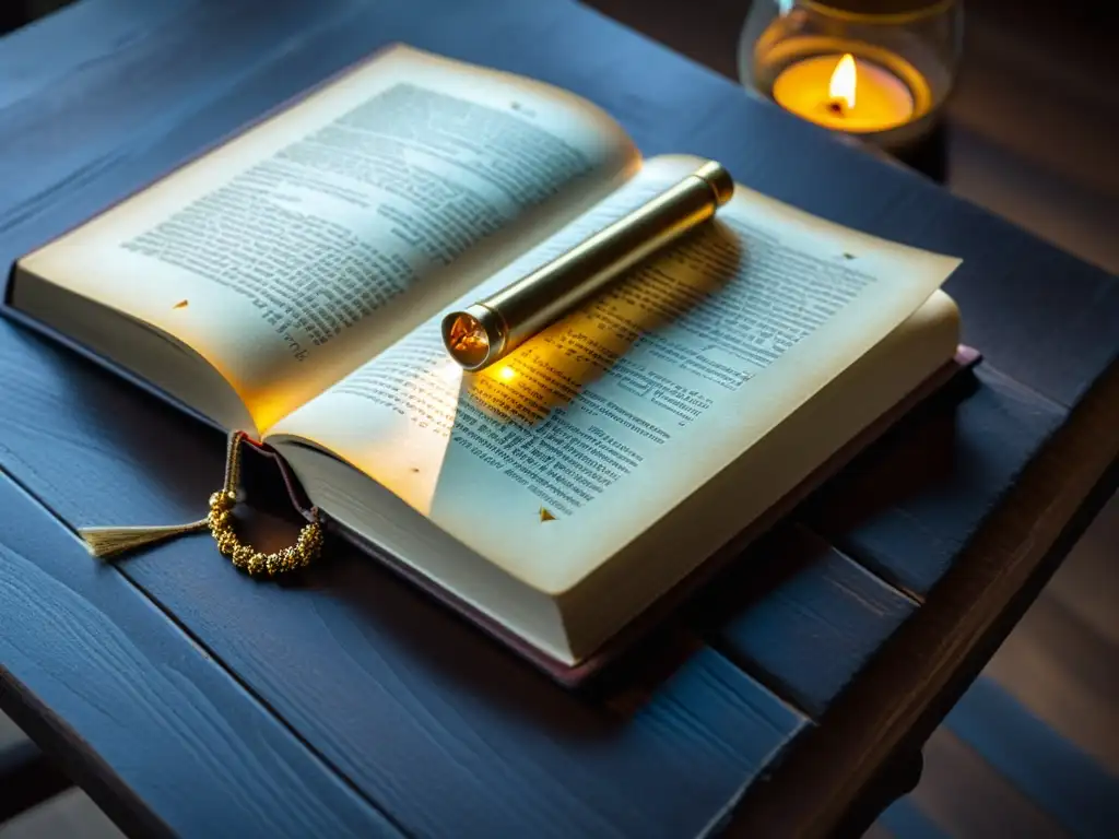 Antigua publicación filosófica con detalles en oro, rodeada de misterio y sabiduría, iluminada por una vela