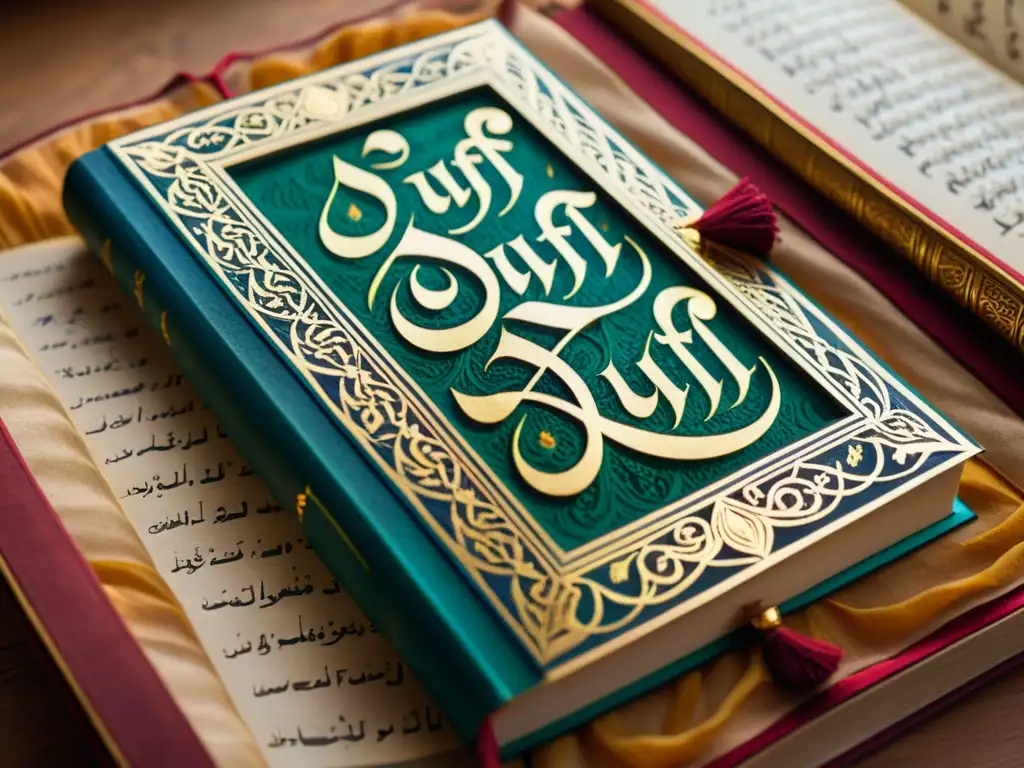 Una antigua y hermosa manuscrito Sufi con versos Sufis poesía alma detallada en elegante caligrafía, colores vibrantes y detalles en oro