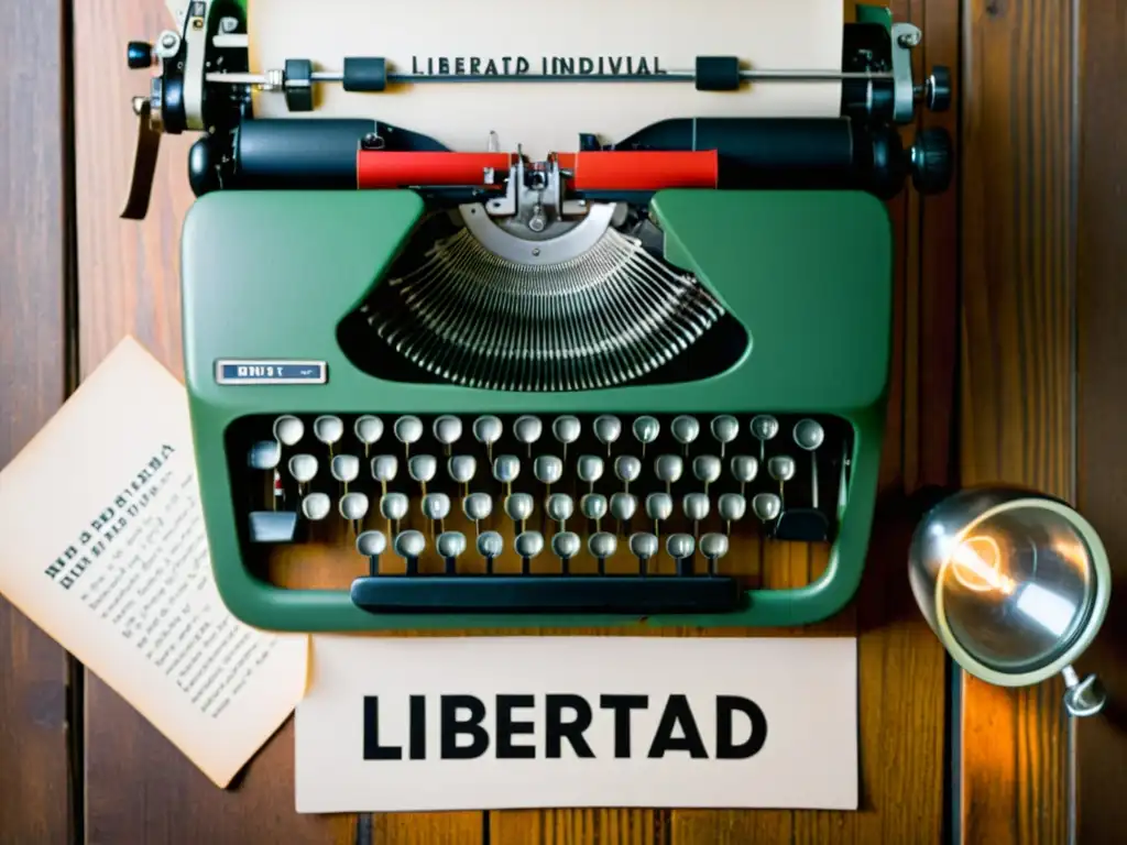 Una antigua máquina de escribir con el mensaje 'Libertad Individual' en letras contrastantes, rodeada de papeles y una lámpara tenue