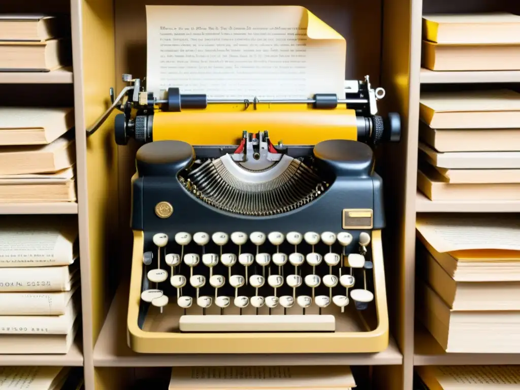 Una antigua máquina de escribir rodeada de libros de ciencia ficción y textos filosóficos, con notas manuscritas en un papel amarillento