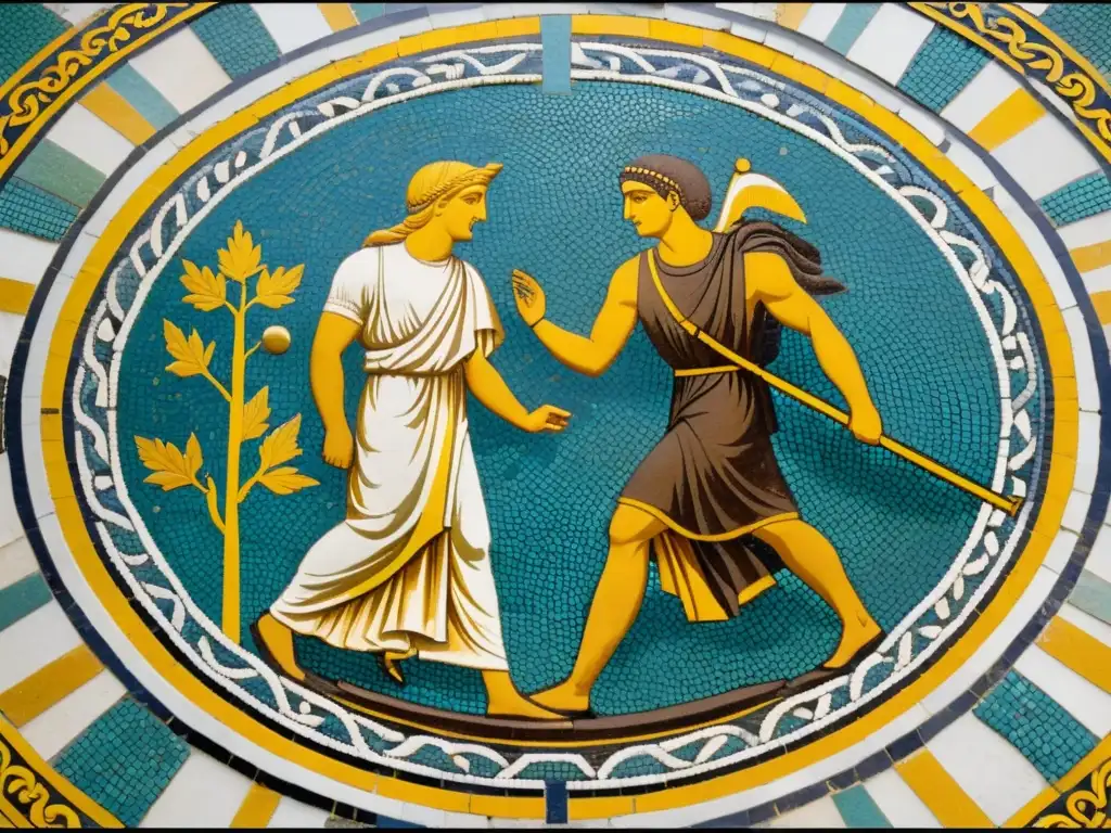 Antigua mosaico griego de Heráclito y Parménides, reflejando el conflicto entre Ser y Cambio filosofía con colores vibrantes y detalles intrincados