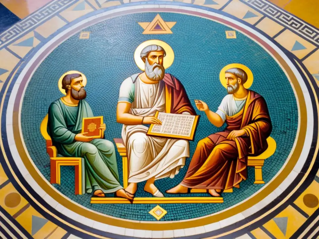 Antigua mosaico griego de Pythagoras y sus discípulos debatiendo, en una atmósfera de sabiduría y exploración intelectual