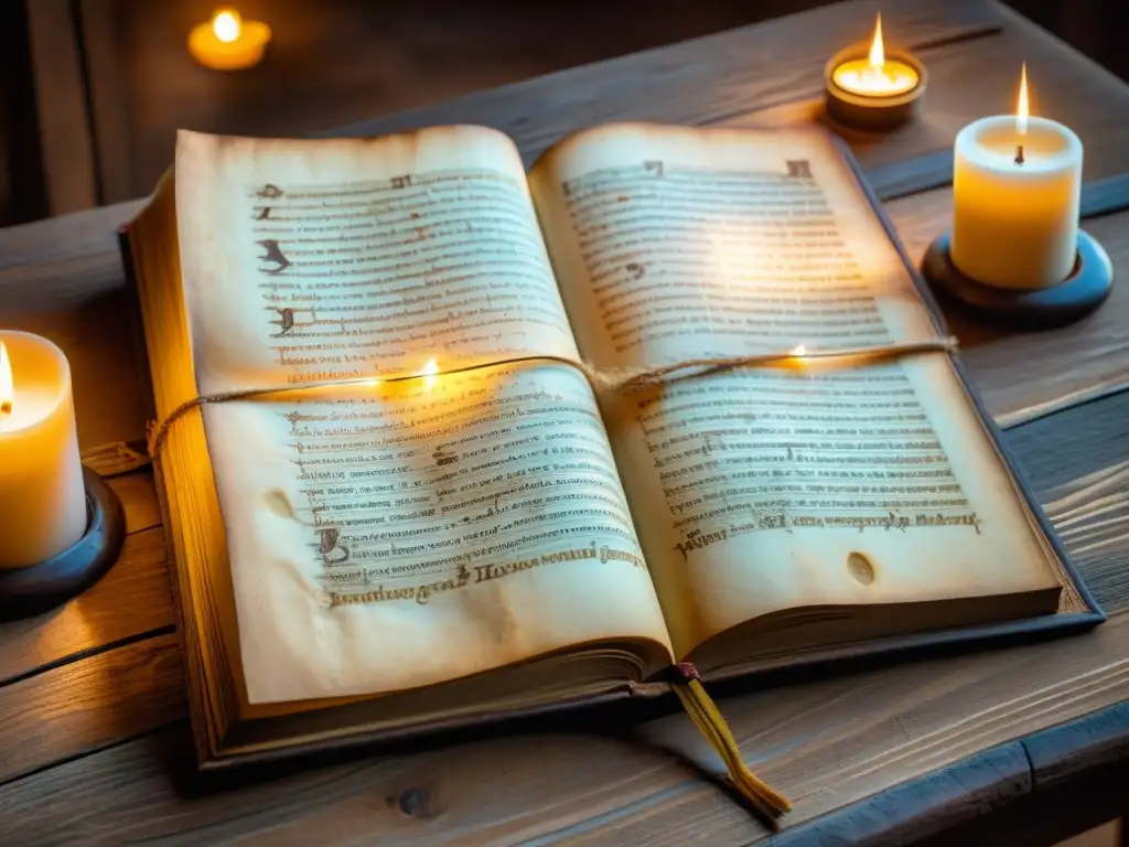 Antigua obra filosófica medieval iluminada por velas, en pergamino desgastado sobre mesa de madera