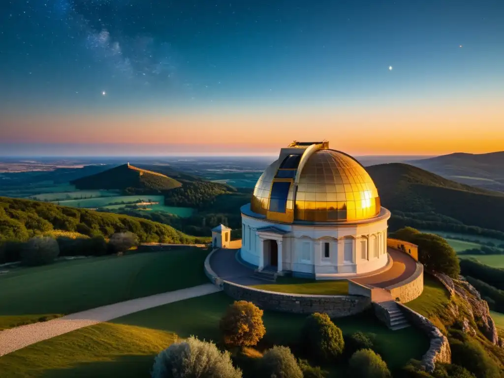 Una antigua observatorio iluminado por la cálida luz dorada, con los instrumentos astronómicos detallados y el paisaje circundante
