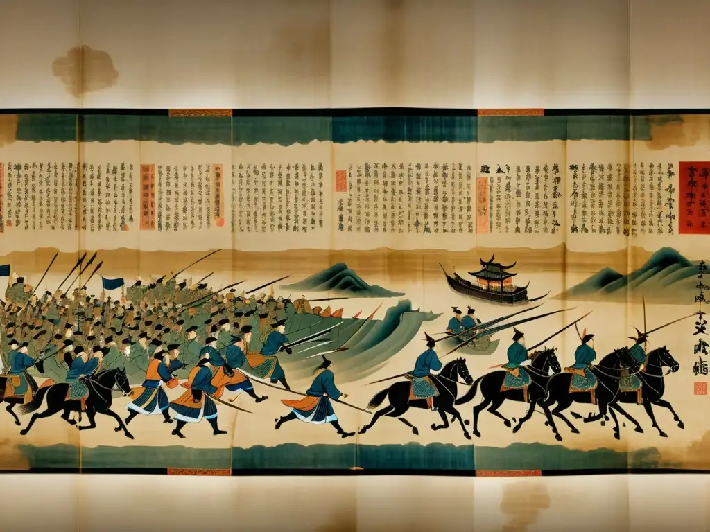 Antigua pergamino chino con ilustraciones detalladas de estrategia militar y sabiduría, evocando la Filosofía del liderazgo en crisis