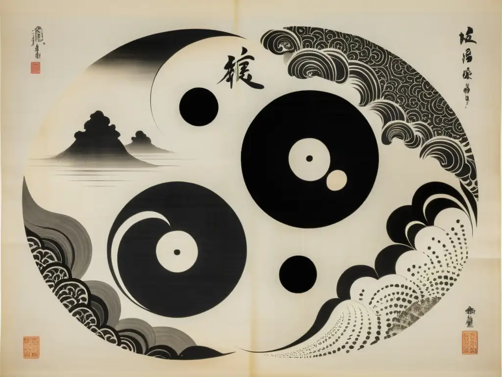 Una antigua pintura china de la dialéctica del ser en Hegel: yin y yang entrelazados en armonía, con patrones negros y blancos