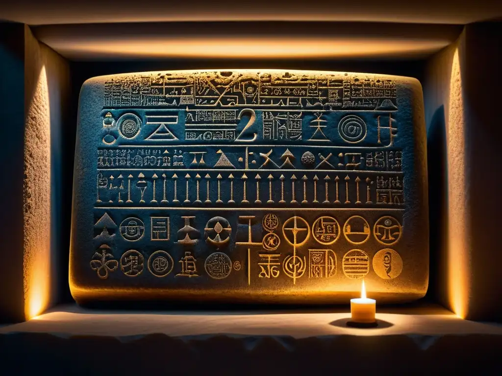 Una antigua tabla de piedra tallada con símbolos matemáticos y esotéricos, iluminada por velas en una cámara misteriosa