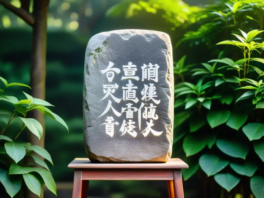 Antigua tabla de piedra con textos clásicos del confucianismo, rodeada de naturaleza serena y luz suave
