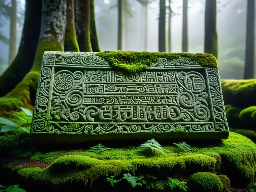 Antigua tableta de piedra cubierta de musgo y líquenes, con intrincadas inscripciones iluminadas por un rayo de luz en el denso bosque