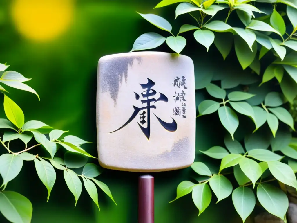 Antigua tablilla de piedra con caligrafía china, rodeada de vegetación exuberante