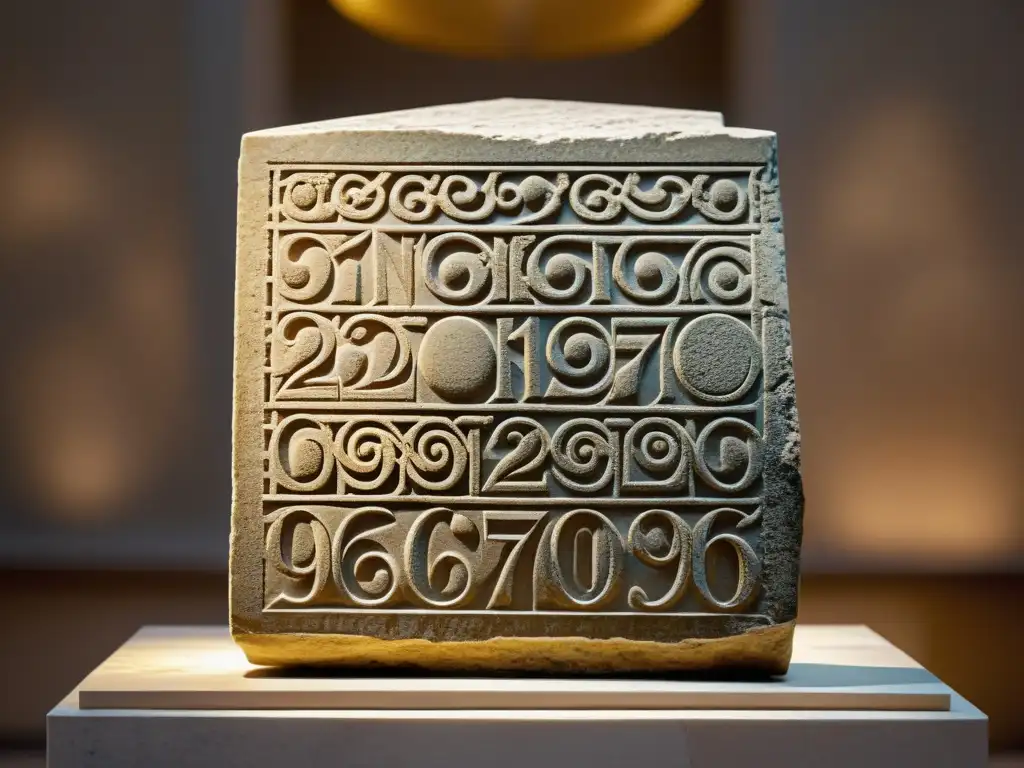 Una antigua tablilla de piedra griega con intrincados patrones geométricos y símbolos que representan conceptos numéricos