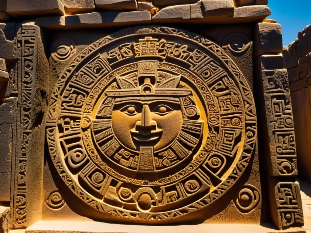 Antigua talla en ruinas de Tula, México, bañada en cálida luz dorada, revelando símbolos toltecas