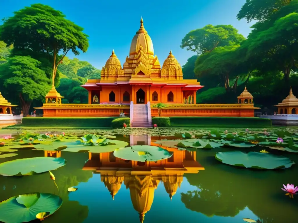 La antigua y vibrante belleza del templo de Pawapuri rodeado de exuberante vegetación y reflejado en las tranquilas aguas del estanque de lotos