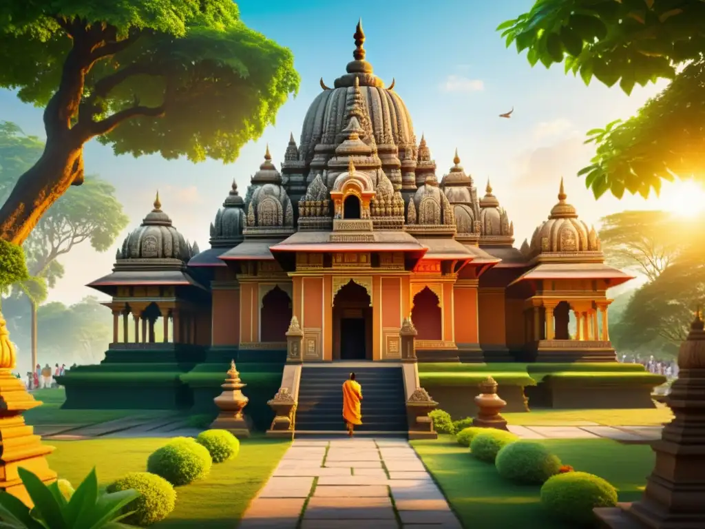 Una antigua y vibrante imagen de un templo indio, rodeado de exuberante vegetación y personas en oración y meditación