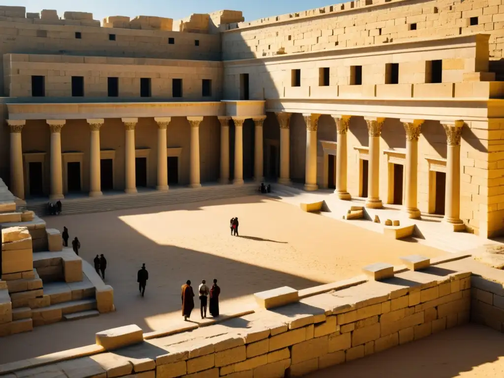Antiguas ruinas de la Biblioteca de Alejandría iluminadas por el sol, destacando la relación entre filosofía y religión norteafricana