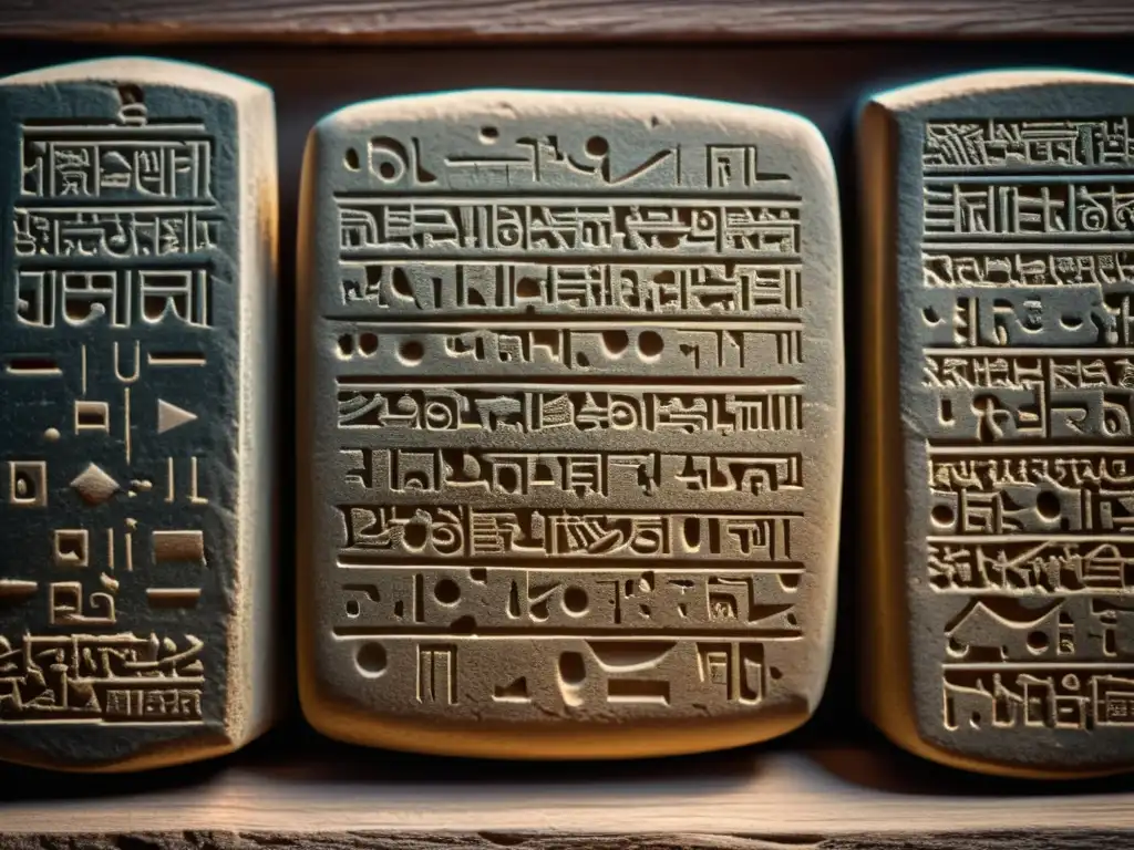 Antiguas tablillas de arcilla babilónicas con inscripciones cuneiformes, iluminadas por luz natural
