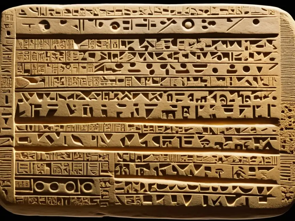 Antiguas tablillas de arcilla mesopotámicas con cuneiforme, iluminadas por luz cálida