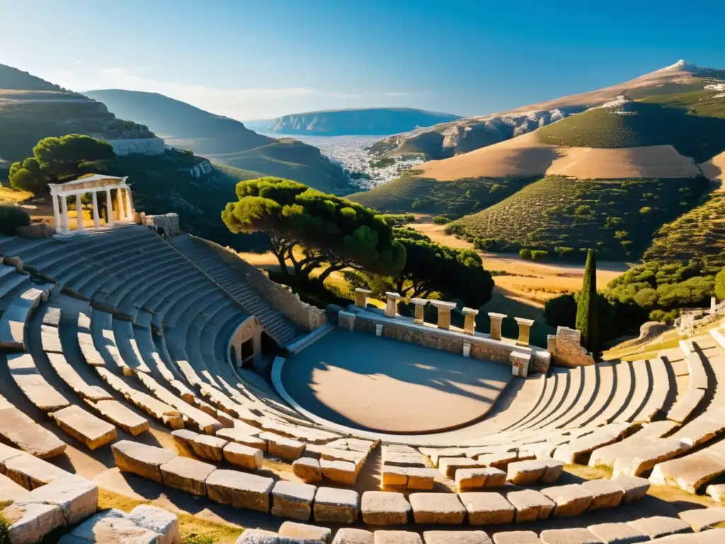 Antiguo anfiteatro griego con sombras largas al atardecer