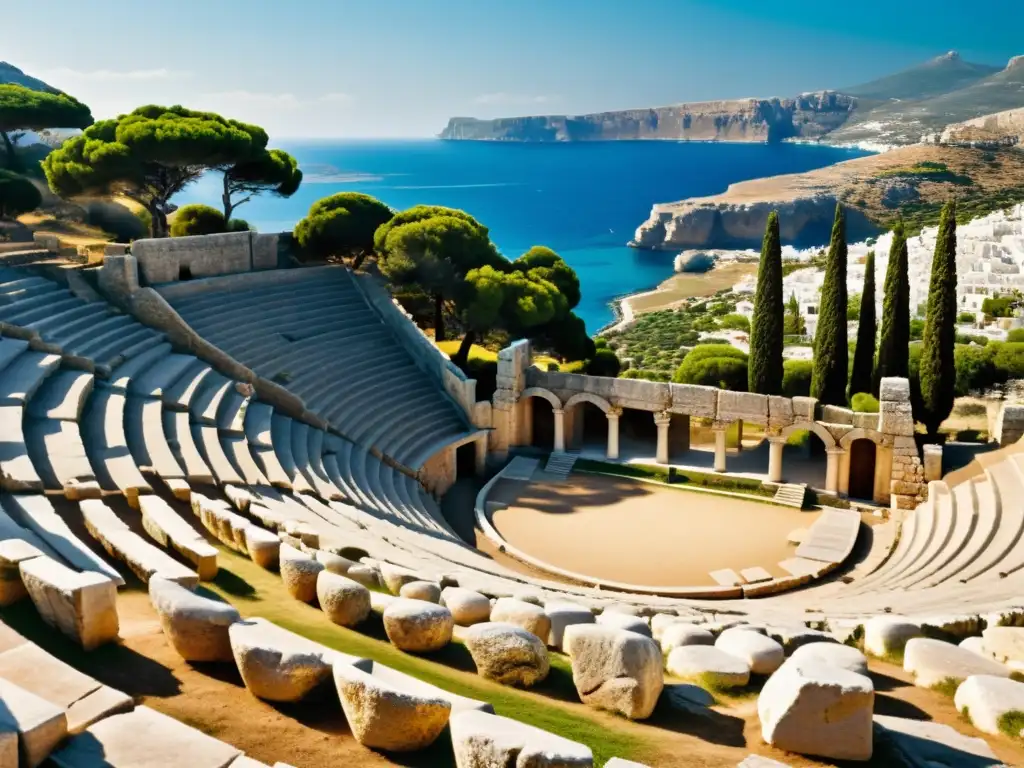 Antiguo anfiteatro griego vacío, con asientos de piedra desgastados y ruinas al fondo