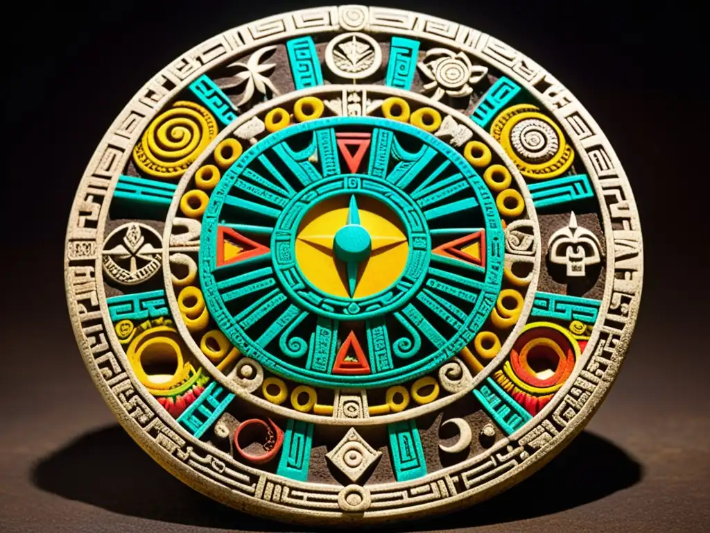 Antiguo calendario azteca de piedra con dualidad en la cosmovisión mesoamericana