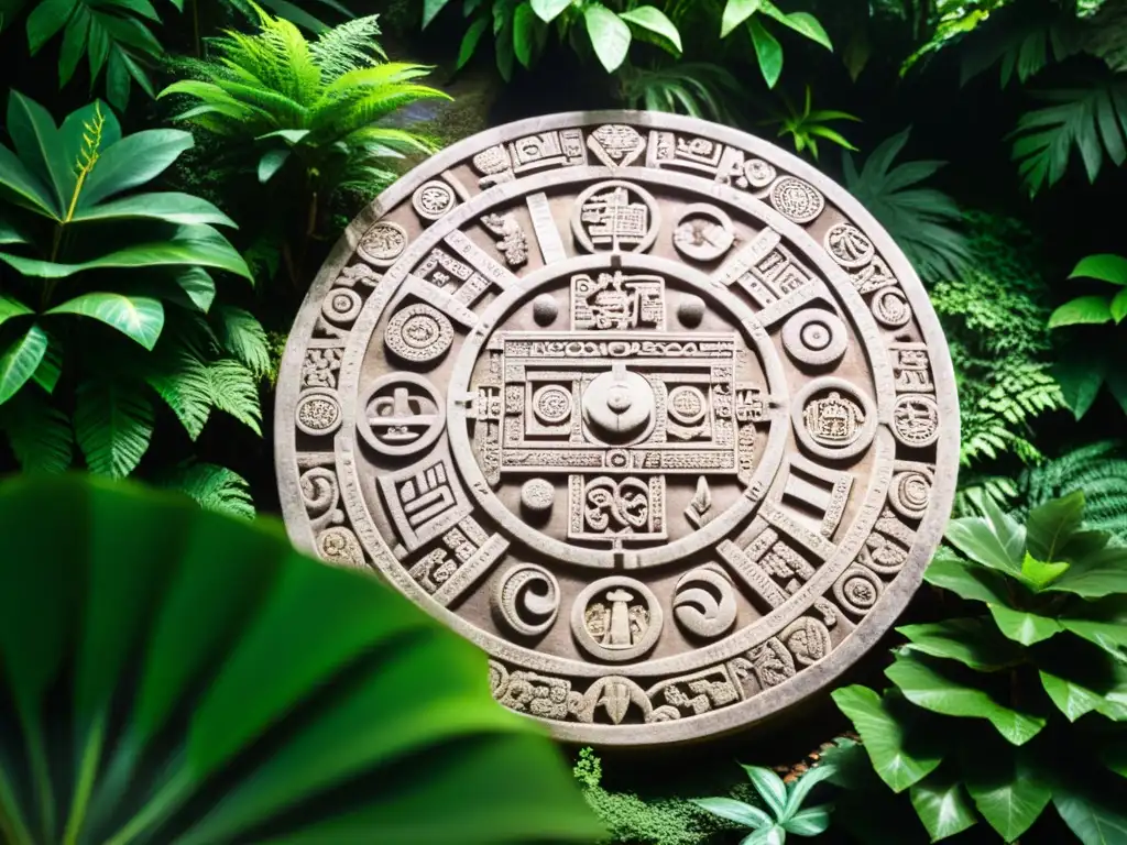 Antiguo calendario maya tallado en piedra, rodeado de exuberante jungla