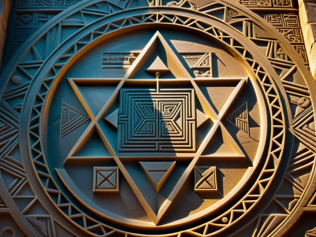 Antiguo diagrama geométrico tallado en piedra, con misticismo matemático y filosofía, iluminado por luz etérea