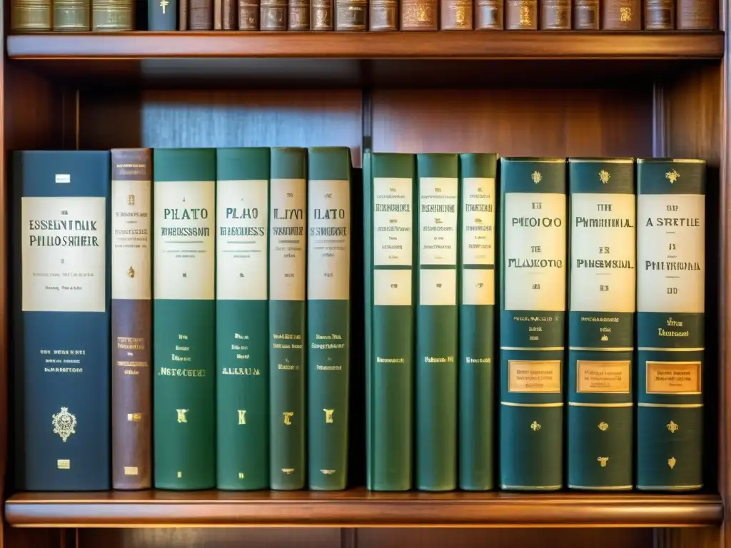 Antiguo estante de libros de madera con publicaciones filosóficas esenciales pensador, iluminado por luz natural cálida