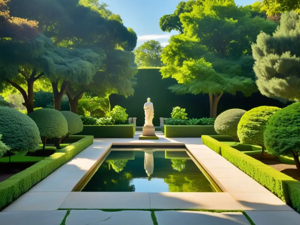 Jardín antiguo con estatua de mármol de Séneca rodeada de vegetación exuberante