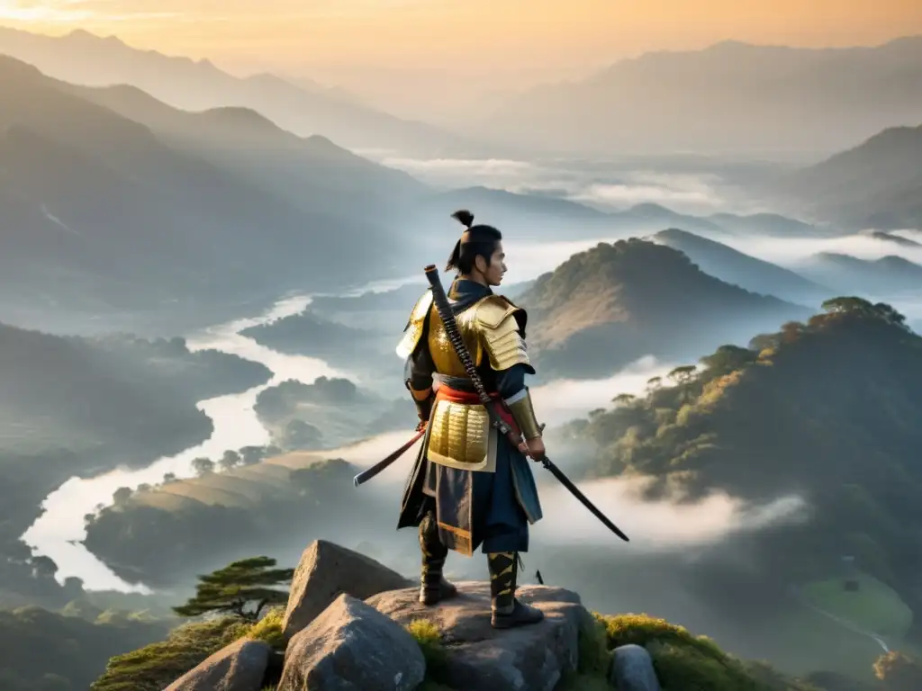 Un antiguo guerrero samurái en armadura tradicional, sosteniendo una katana brillante, observa un valle neblinoso con el sol poniéndose detrás