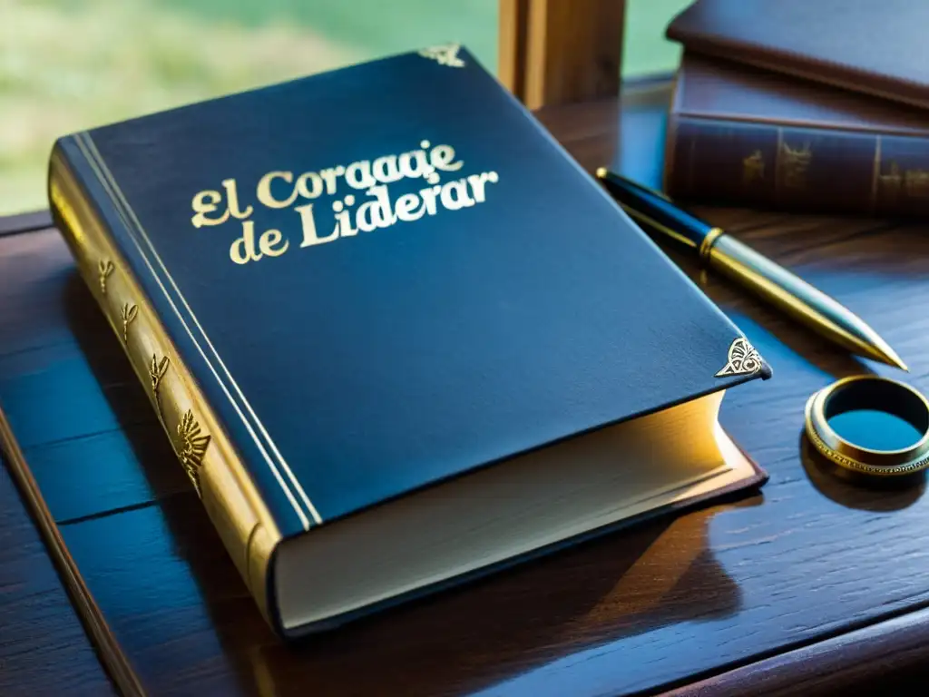 Un antiguo libro de cuero con el título 'Kierkegaard: El coraje de liderar' en el lomo, rodeado de plumas antiguas, gafas y una carta sellada