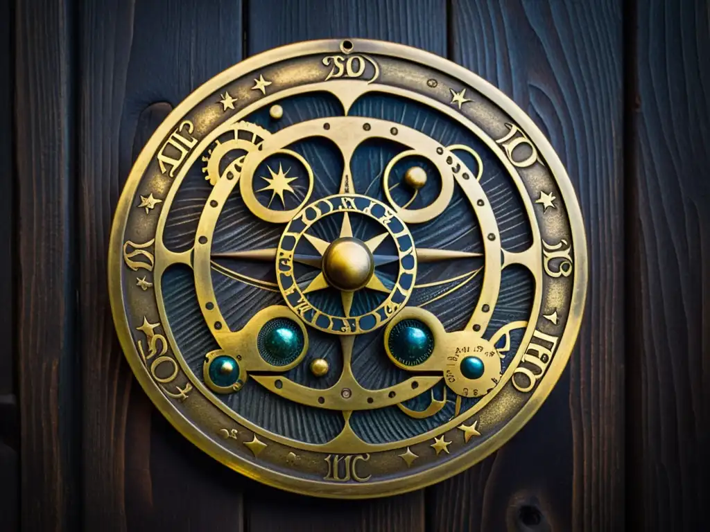 Antiguo astrolabio de latón en madera oscura, evocando una visión filosófica del determinismo de Laplace