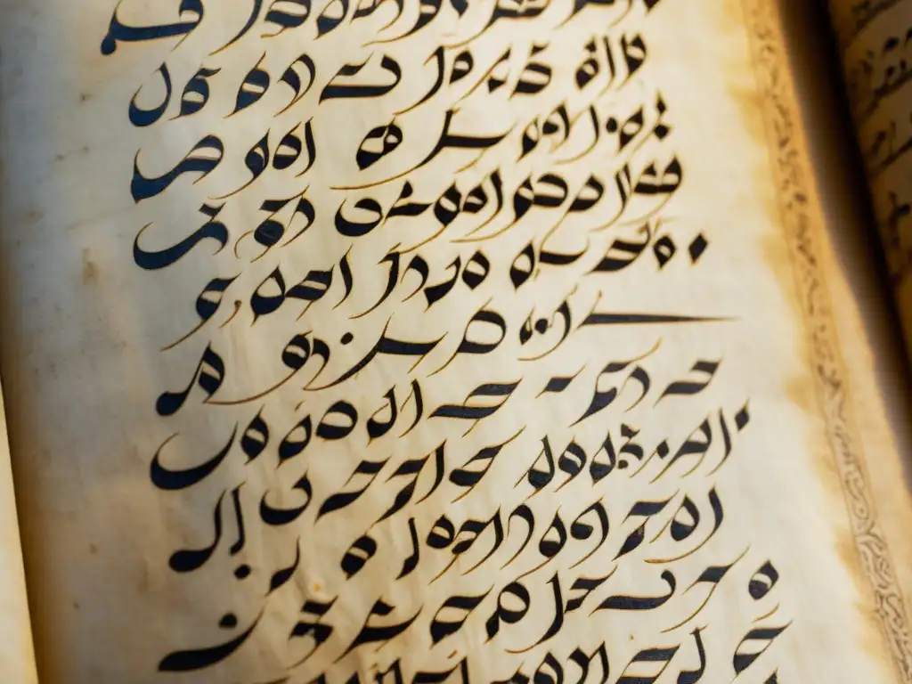 Antiguo manuscrito árabe con caligrafía intrincada iluminado suavemente, evocando la sabiduría de AlGhazali filosofía destructor salvador